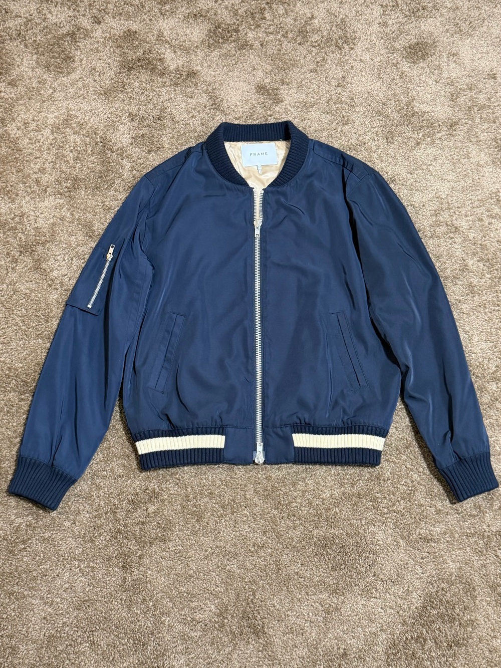 Frame Denim Navy Bomber Jacket with Contrast Trim
